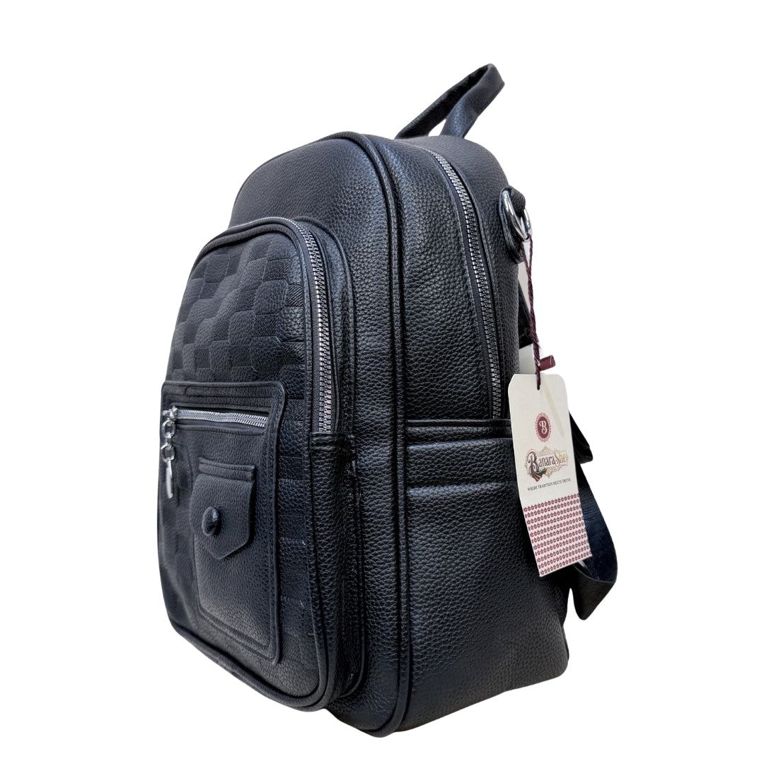 Premium Black Textured Leatherette Backpack for Women