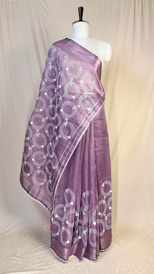Elegant purple tissue Saree with Embroidery border& Floral Motifs,