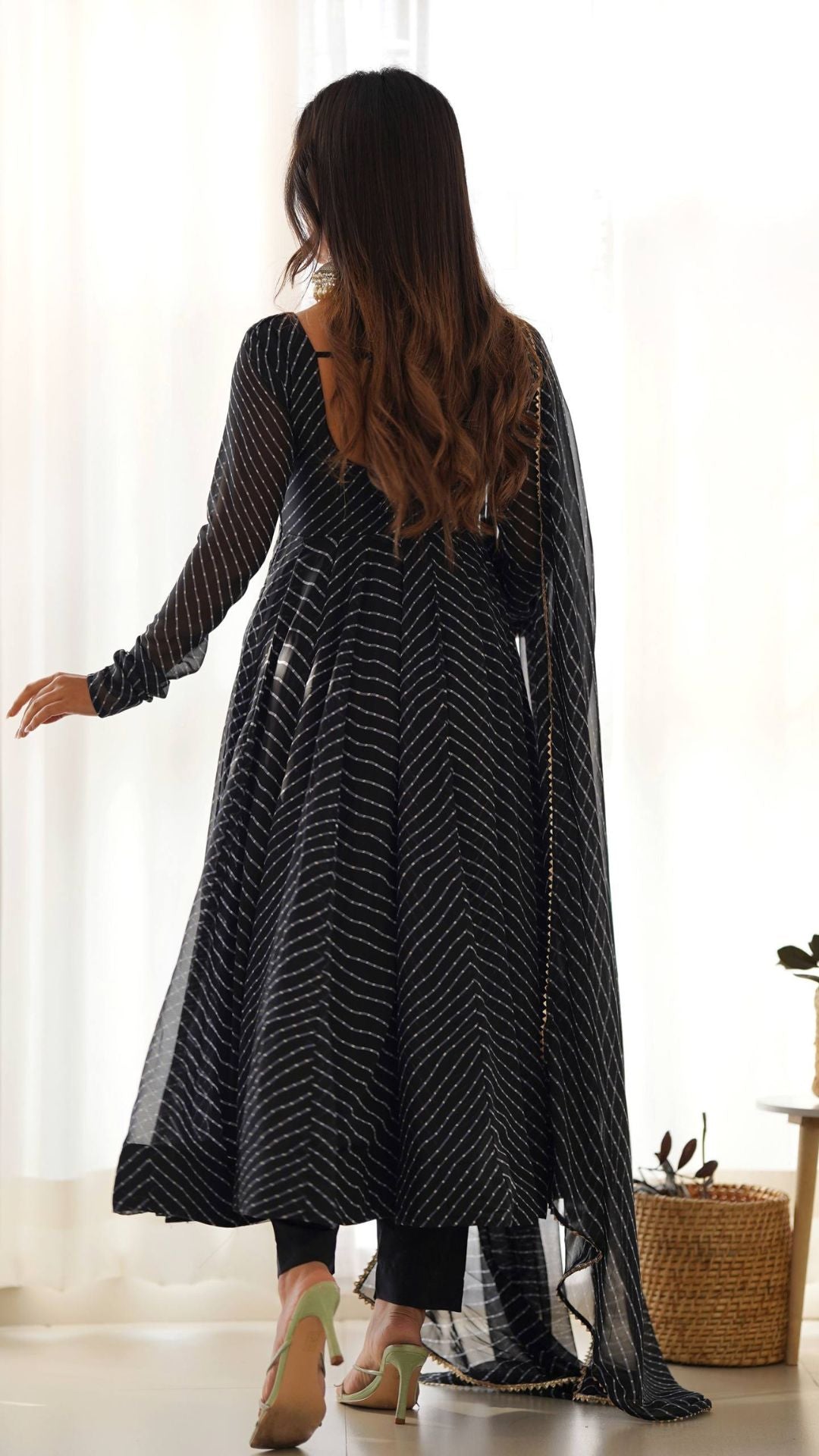 Black Laheriya Anarkali Suit Set with Dupatta