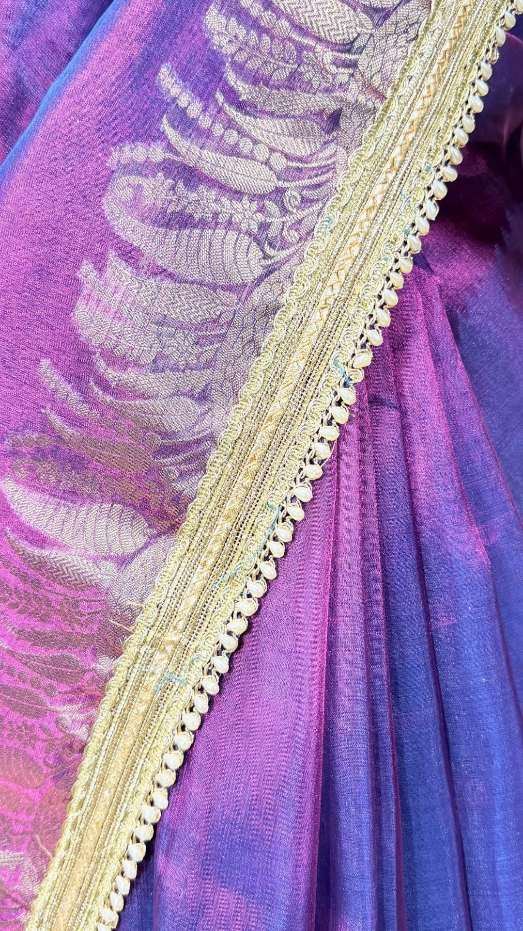 Purple Tissue Saree with Rich Zari Border & Moti Lace