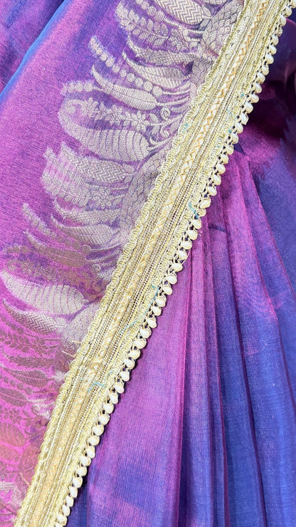 Purple Tissue Saree with Rich Zari Border & Moti Lace