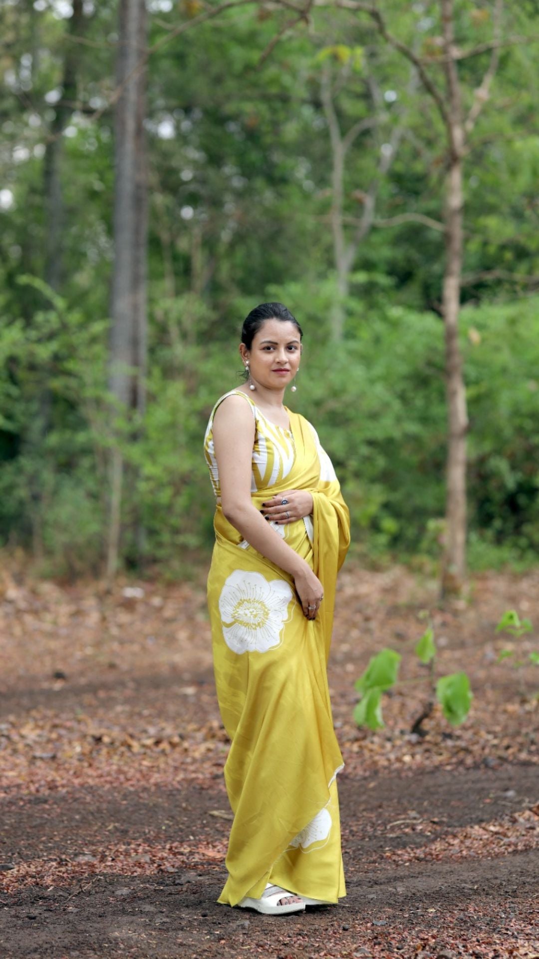 Office Wear Satin Saree – Mustard Yellow Digital Print