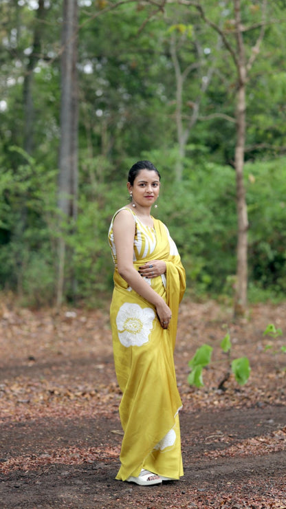 Office Wear Satin Saree – Mustard Yellow Digital Print