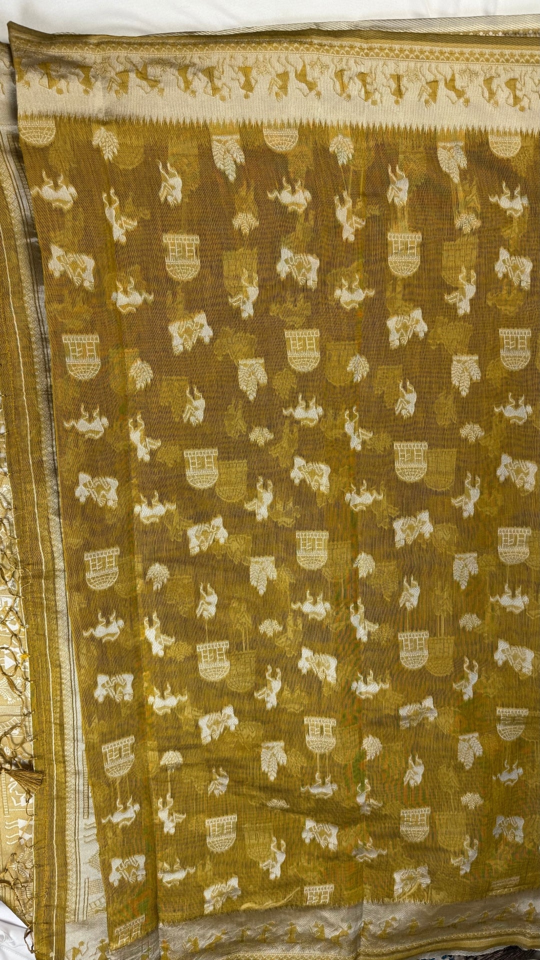 Banarashe Mustard Gold & Cream Handloom Banarasi Cotton Saree with Animal Motifs