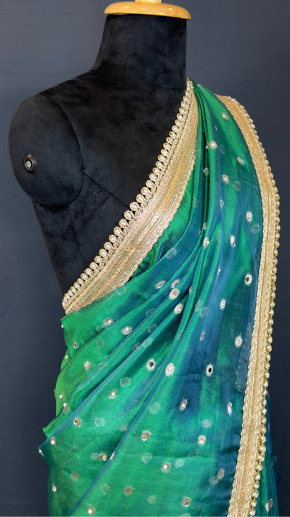 Banarasi Premium Emerald Green Mirror Work Tissue Saree