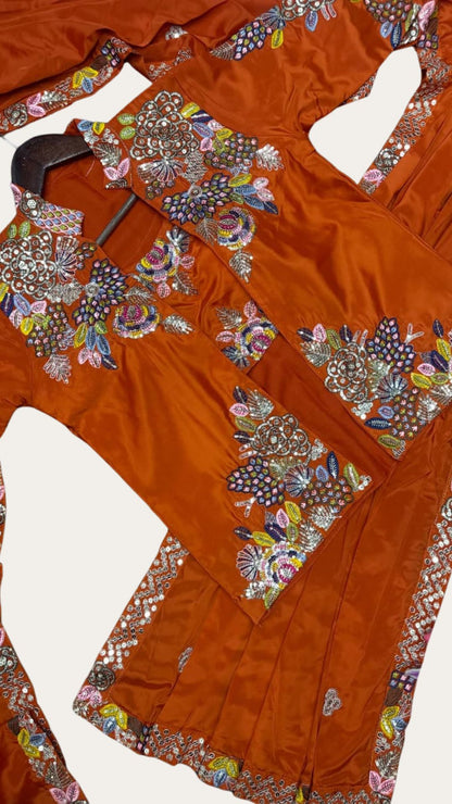 Ready-to-Wear Burnt Orange Saree Set with Intricate Embroidery Jacket
