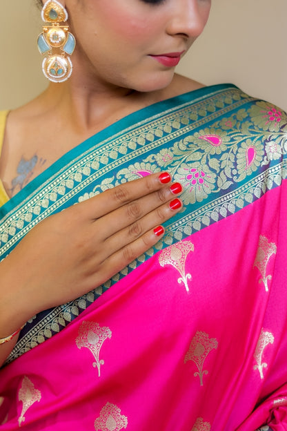 Banarashe Rani Pink & Peacock Blue Designer Banarasi Kataan Satian Silk Saree