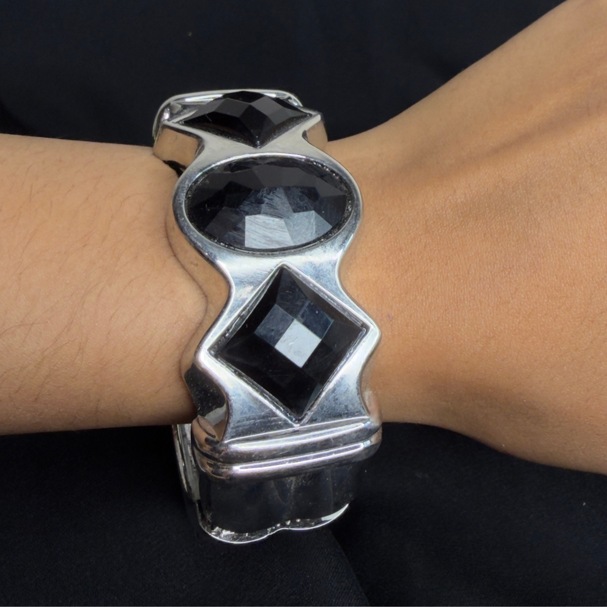 Black Stone Silver Tone Bracelet