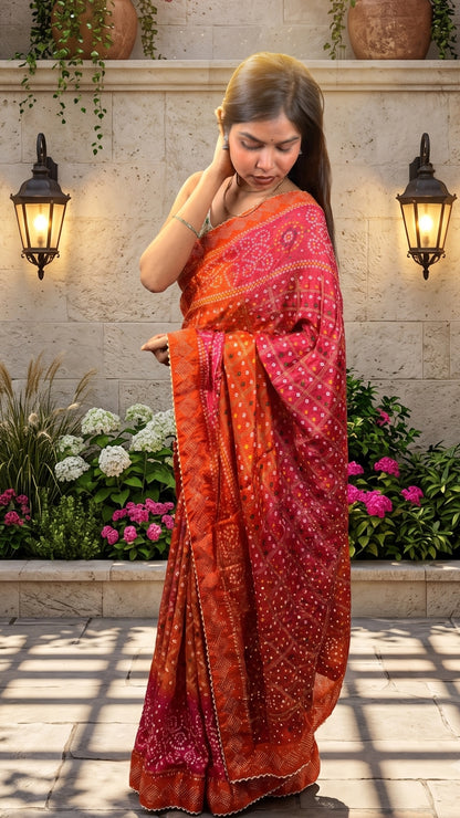 The Radiant Orange & Pink Bandhani Saree by Banarashe