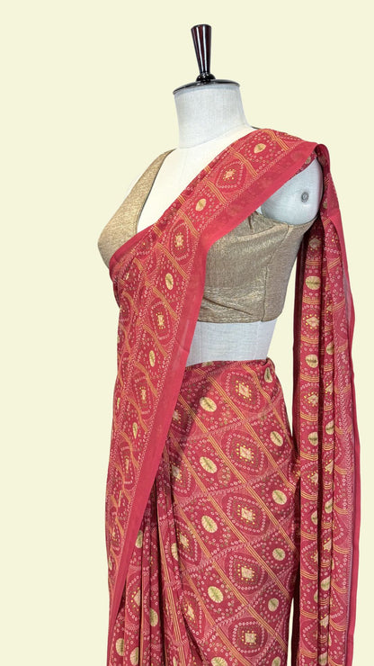 Red Geometric Print Synthetic Saree