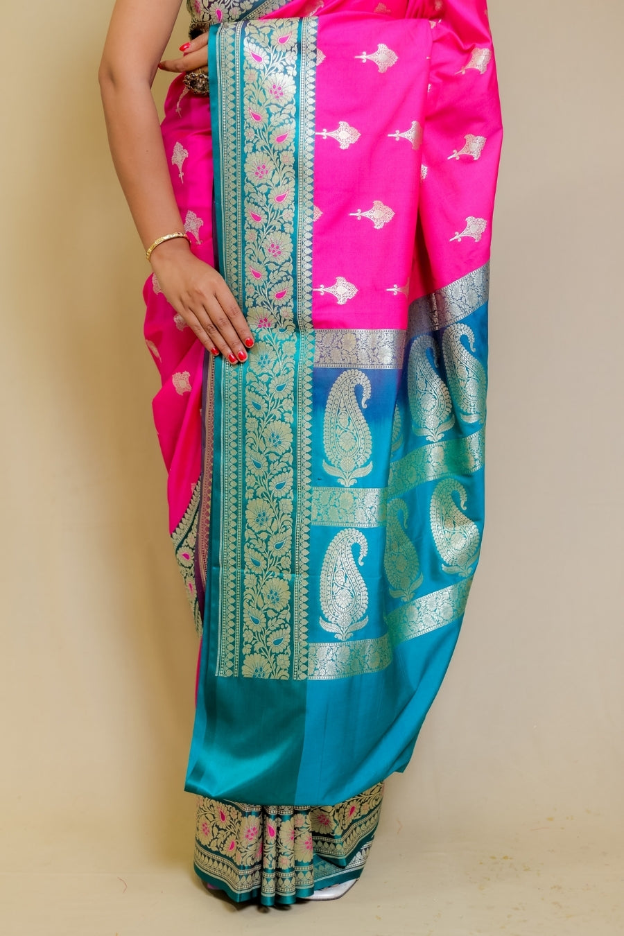 Banarashe Rani Pink & Peacock Blue Designer Banarasi Kataan Satian Silk Saree