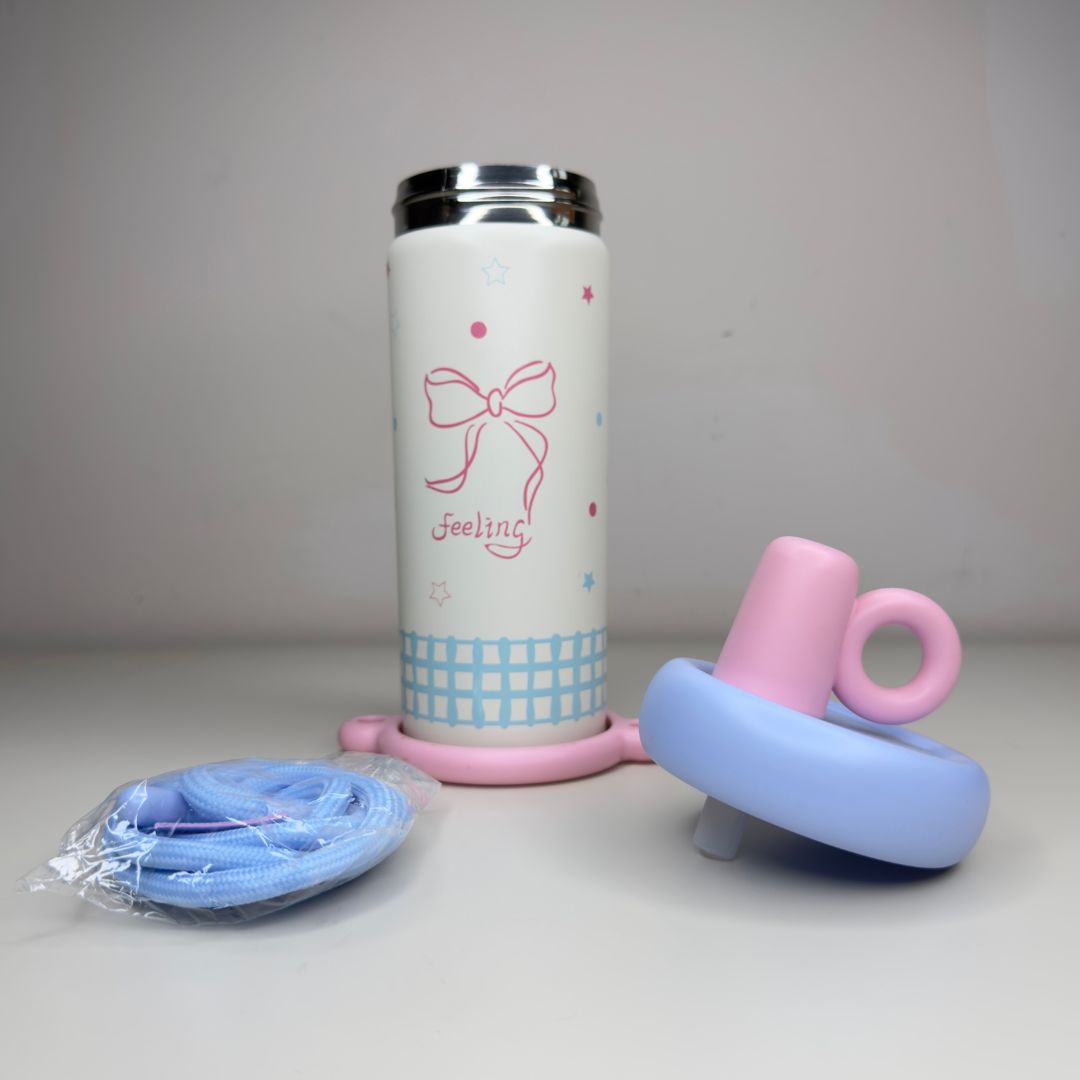 Stainless Steel Insulated Water Bottle with Straw & Silicone Grip Handle for Kids & Teens