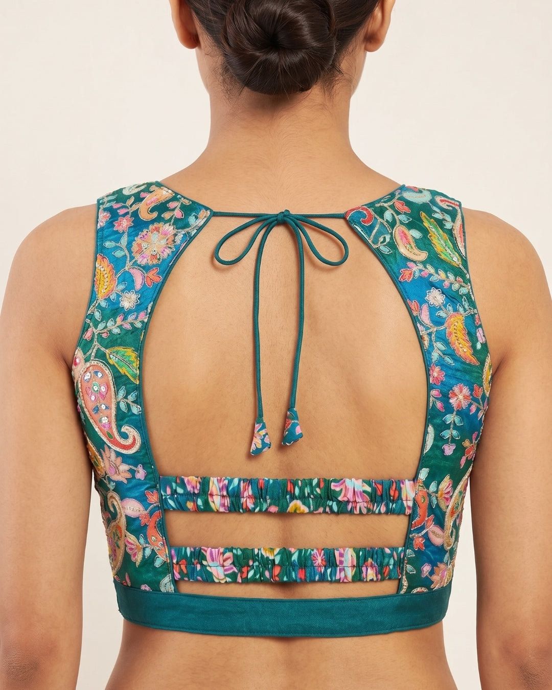Banarashe Teal Kalamkari Floral Sleeveless Blouse