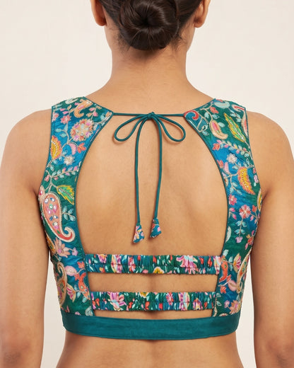 Banarashe Teal Kalamkari Floral Sleeveless Blouse