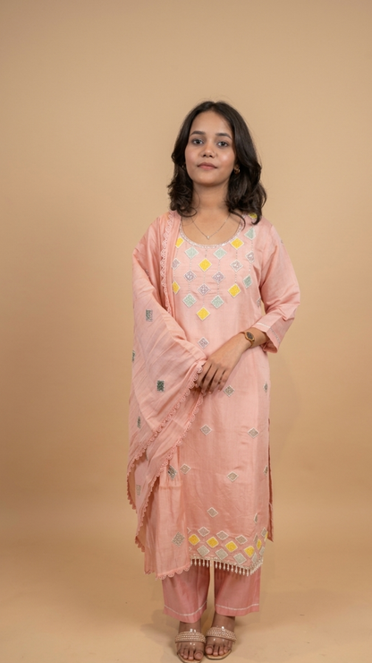 Premium Peach Geometric Embroidered Straight Kurta With Pant & Dupatta Set