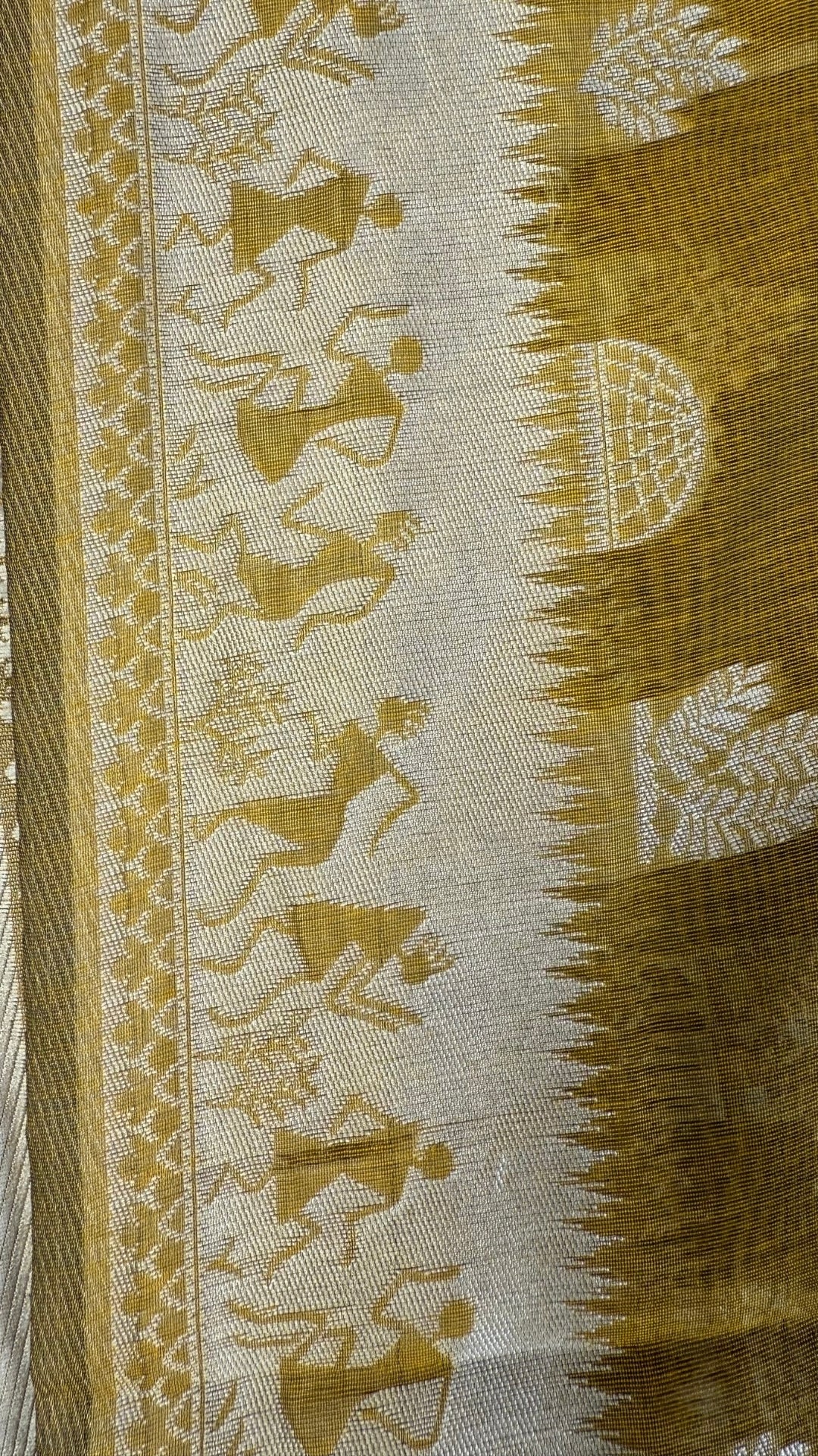 Banarashe Mustard Gold & Cream Handloom Banarasi Cotton Saree with Animal Motifs