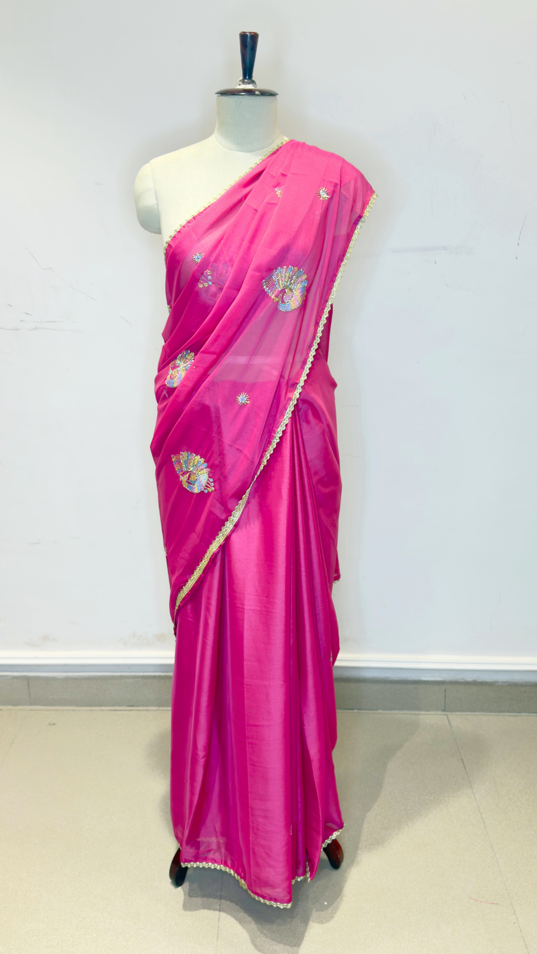 Banarashe Rani Pink Embroidered Saree with Multicolour Peacock Motifs & Golden Lace Border