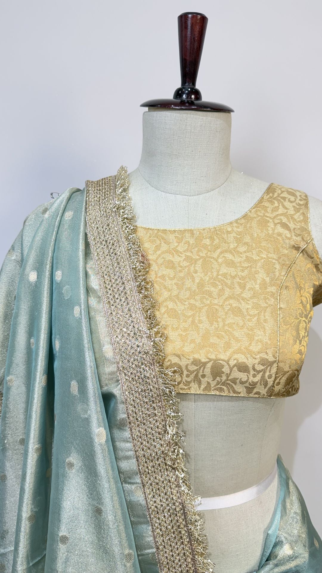 Pastel Mint Blue Tissue Silk Saree with Gold Lace Border