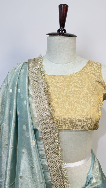 Pastel Mint Blue Tissue Silk Saree with Gold Lace Border