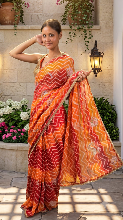 The Vibrant Burnt Orange Leheriya Saree by Banarashe