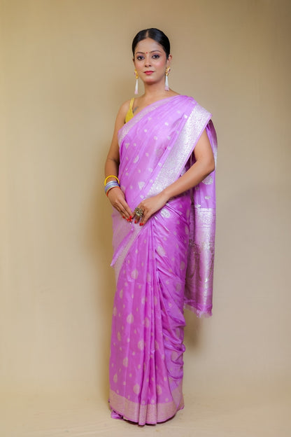 Exquisite Lilac Banarasi Italian Crepe Chinon Silk Saree