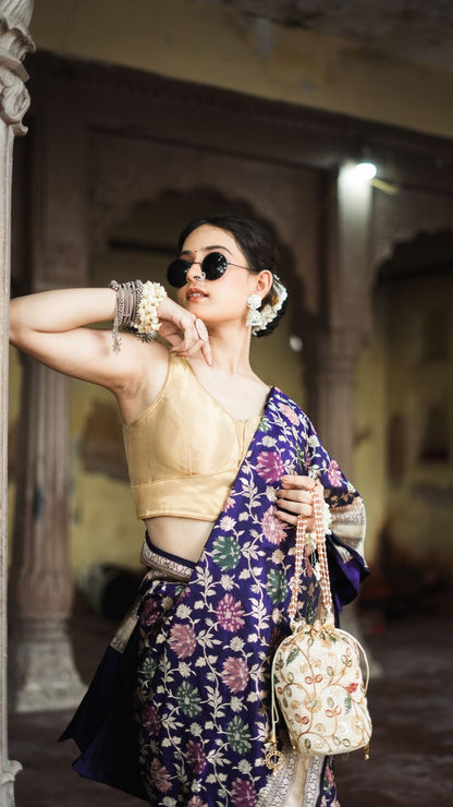 Pure Silk Handloom Katan Tilfi Jungla Meenakari Saree – Royal Purple