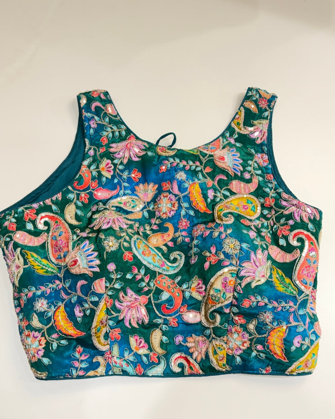 Banarashe Teal Kalamkari Floral Sleeveless Blouse