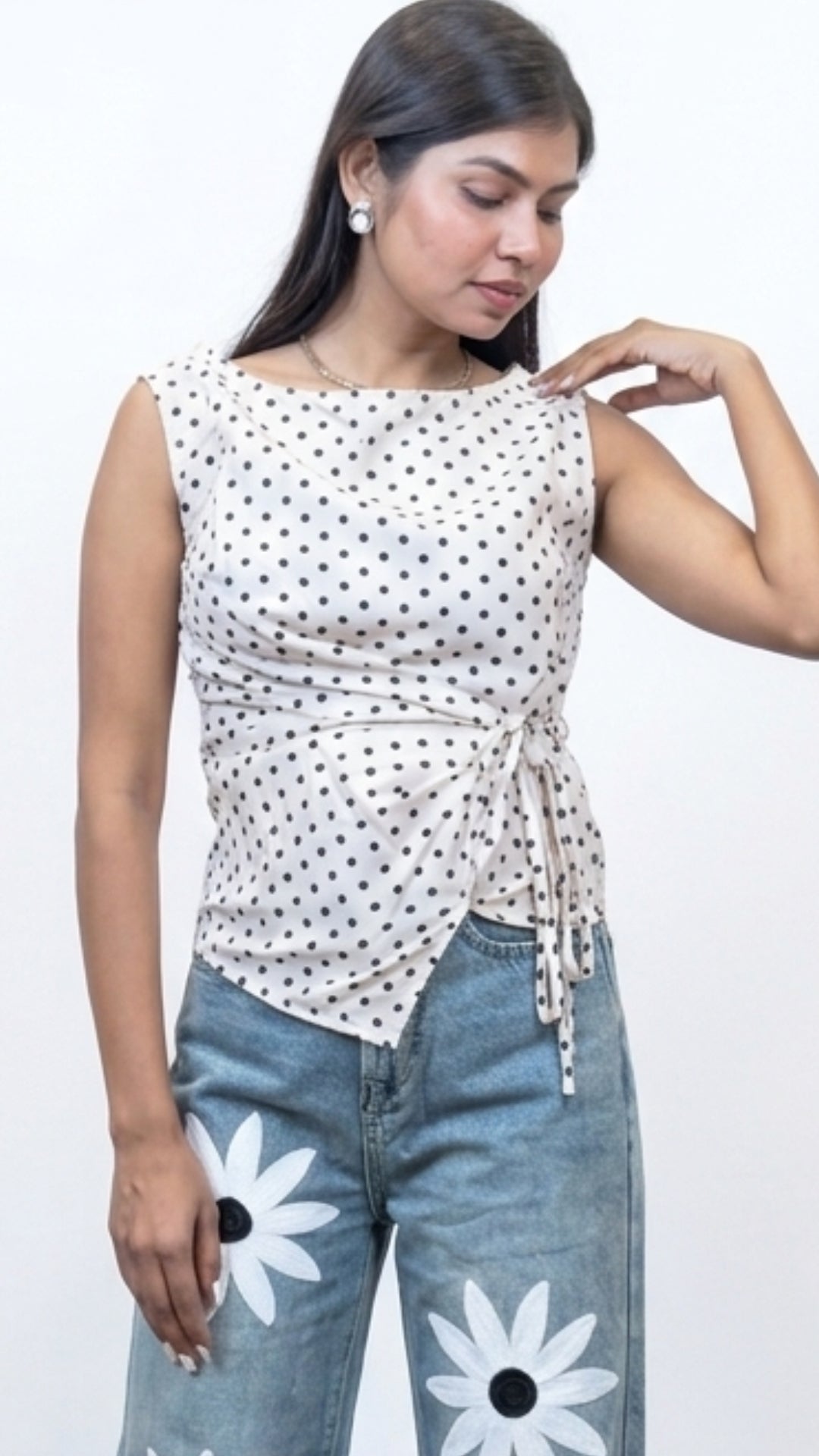 Women’s White Polka Dot Tie-Up Sleeveless Top