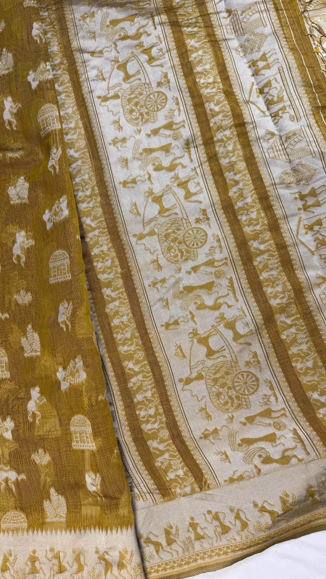 Banarashe Mustard Gold & Cream Handloom Banarasi Cotton Saree with Animal Motifs