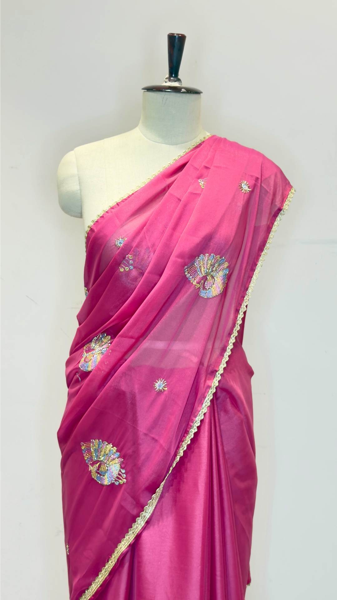 Banarashe Rani Pink Embroidered Saree with Multicolour Peacock Motifs & Golden Lace Border