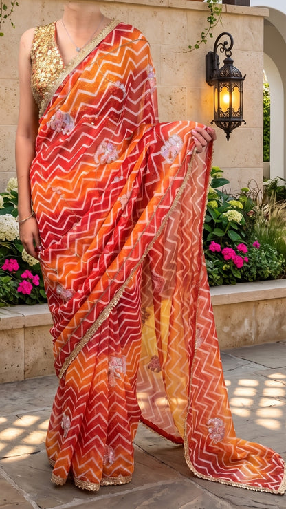 The Vibrant Burnt Orange Leheriya Saree by Banarashe