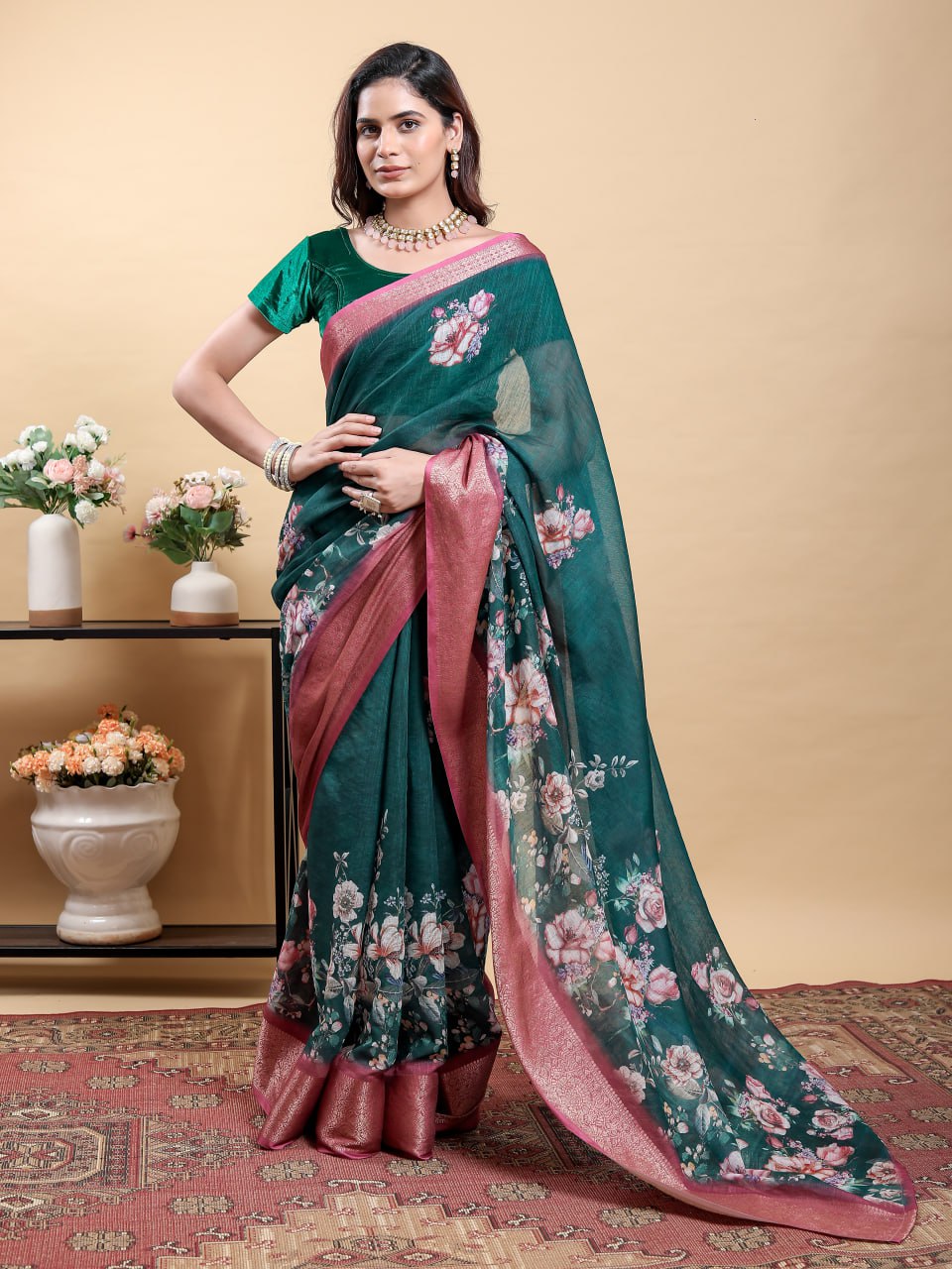 Stunning Teal Floral Saree with Contrast Pink/Maroon Zari Border