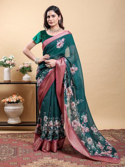 Stunning Teal Floral Saree with Contrast Pink/Maroon Zari Border