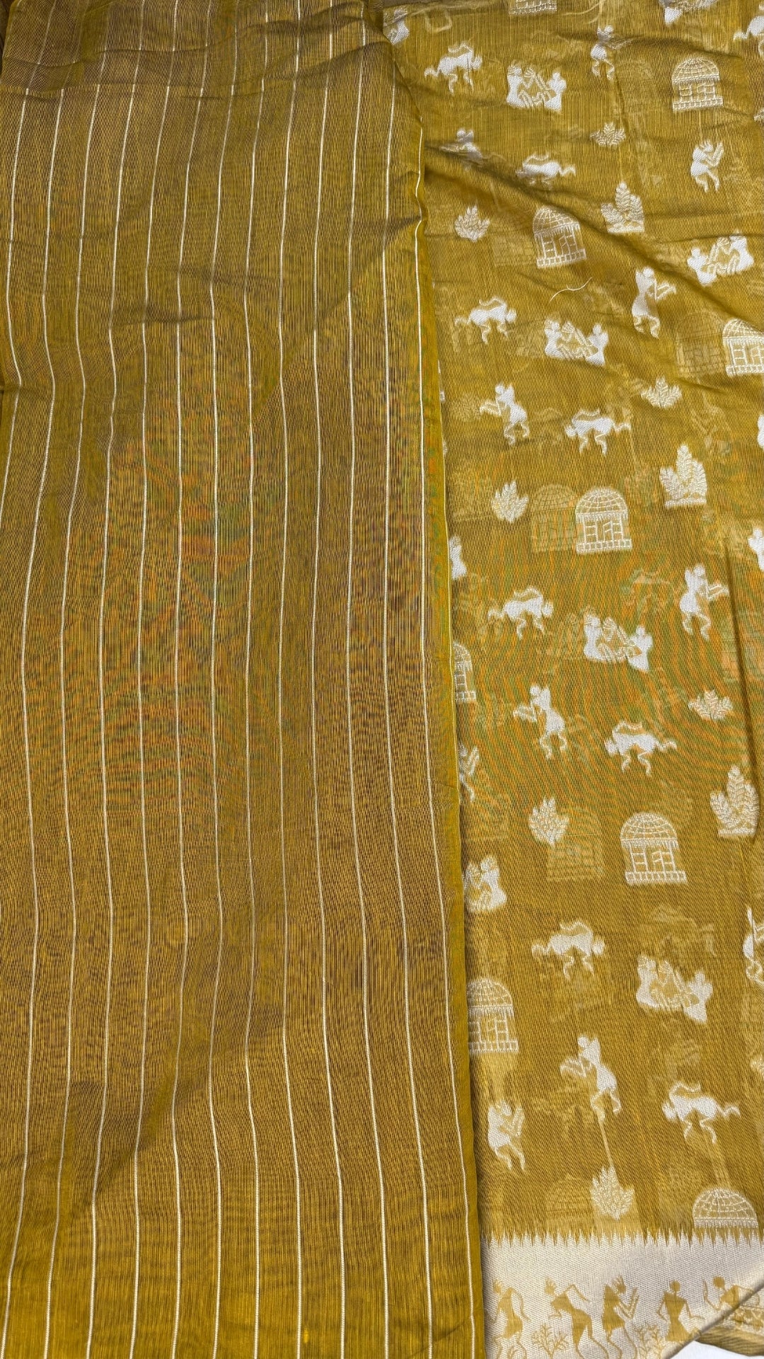 Banarashe Mustard Gold & Cream Handloom Banarasi Cotton Saree with Animal Motifs