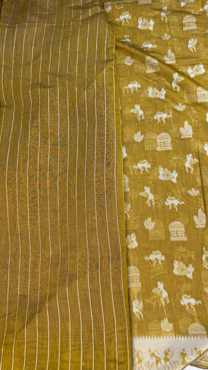 Banarashe Mustard Gold & Cream Handloom Banarasi Cotton Saree with Animal Motifs