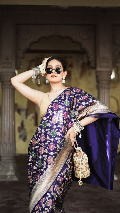 Pure Silk Handloom Katan Tilfi Jungla Meenakari Saree – Royal Purple