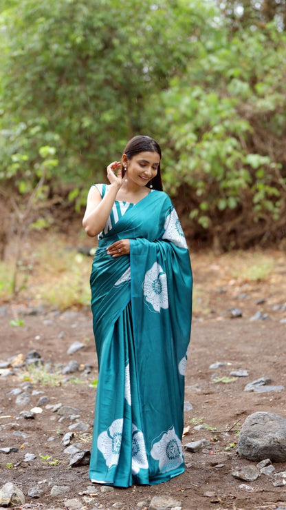 Office Wear Satin Saree – Teal Digital Print