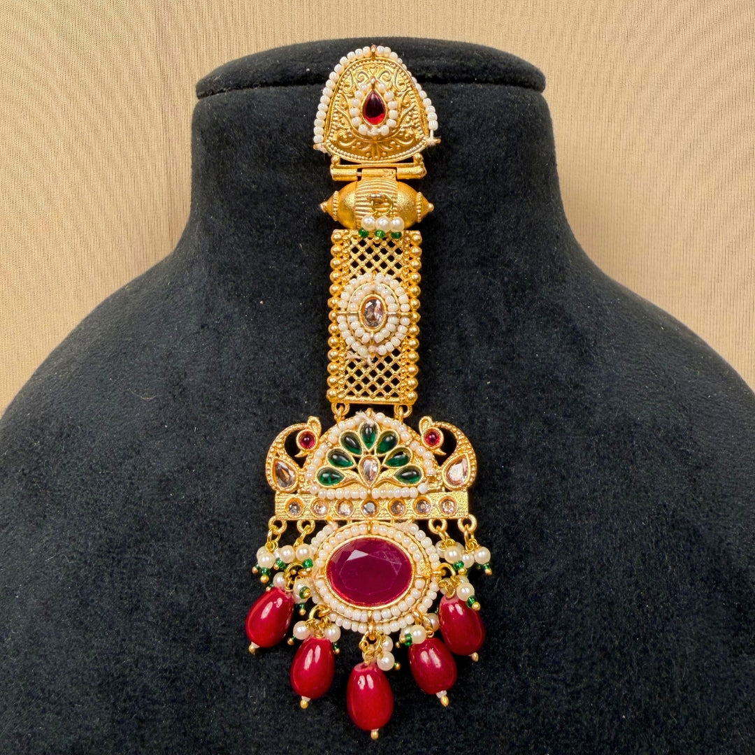 Gold Plated Peacock Jhumka Earrings – Red & Green Stones