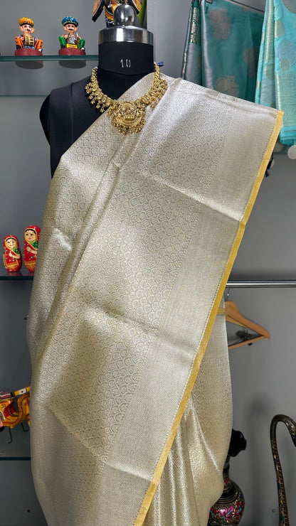 Light Yellow and cream banarasi crush tissue saree