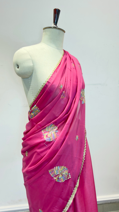 Banarashe Rani Pink Embroidered Saree with Multicolour Peacock Motifs & Golden Lace Border