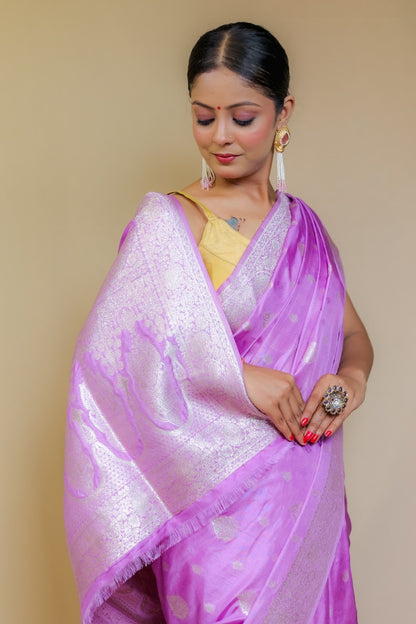 Exquisite Lilac Banarasi Italian Crepe Chinon Silk Saree