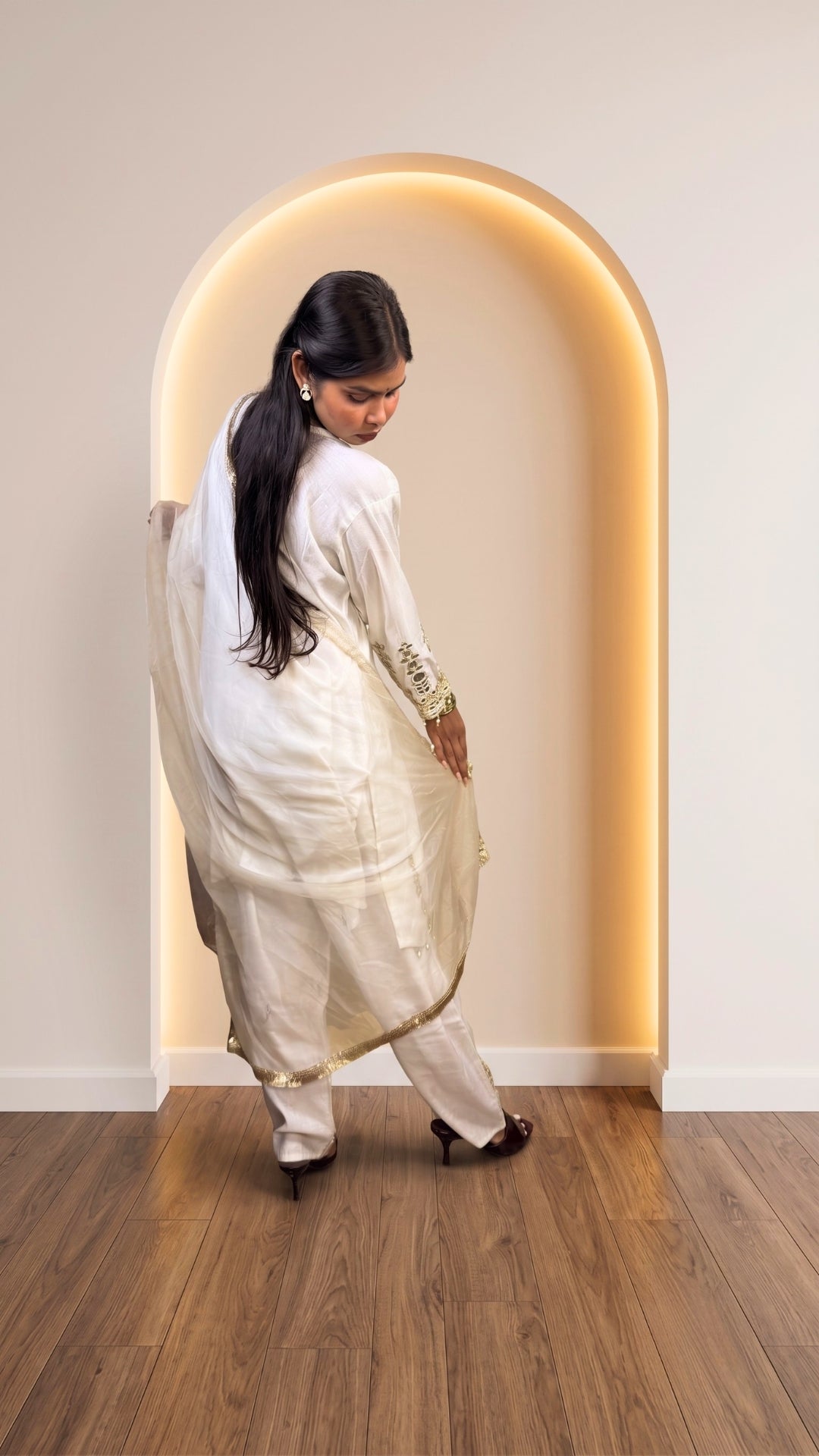 White Mirror Work Linen Cotton Suit Set with Dupatta