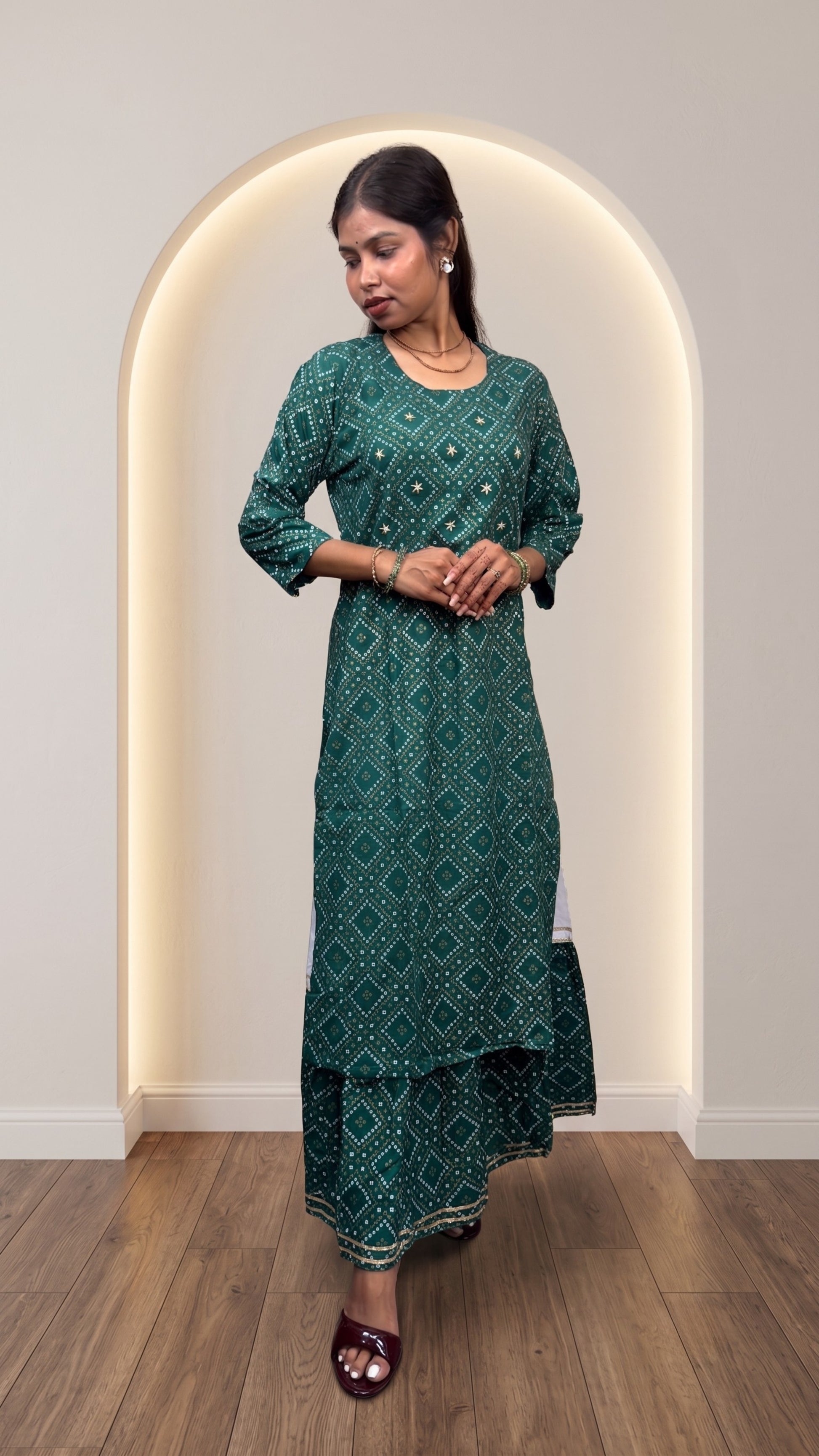 Women’s Green Soft Cotton Bandhani Printed Kurta & Sharara Set