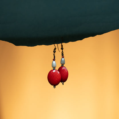 Glass Pearl & Red Acrylic Flat Shape Earrings – Diamond Pattern Design