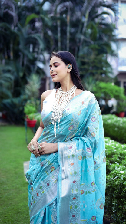 Contrast Bright Skyblue Katan Mashru Silk Saree