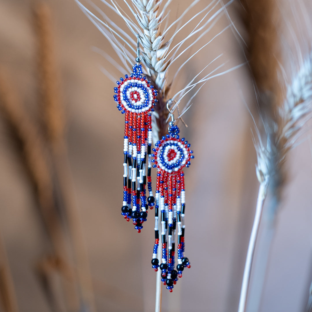 Handwoven Multi-Color Seed Bead Earrings with Glass Nalki – White, Navy Blue, and Cherry Red Fusion