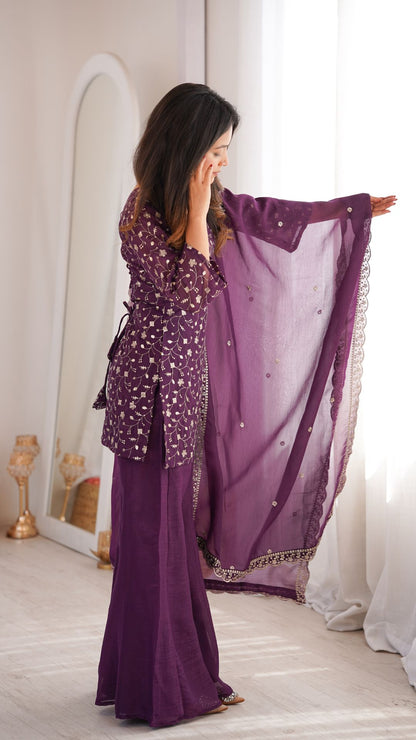 Royal Wine Embroidered Crunchy Silk Suit Set with Dupatta