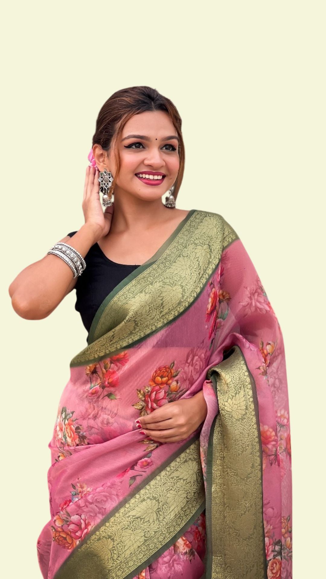 Pink Floral Soft Tissue Saree with Olive Green Zari Border & Elegant Pallu