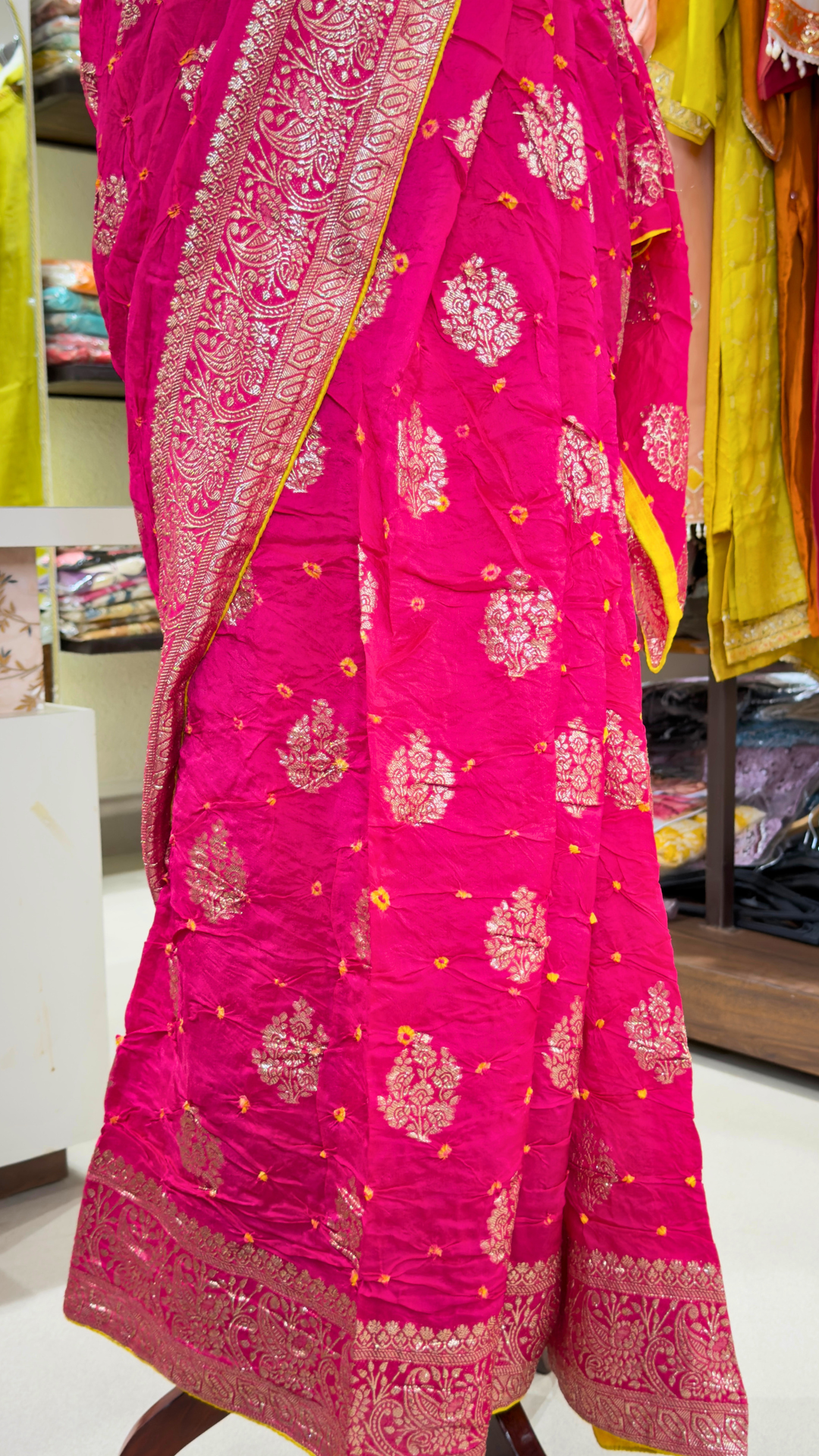 Banarashe Women’s Hot Pink Saree with Golden Floral Motifs & Paisley Woven Border