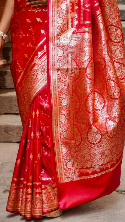 Pure Banarasi Red Flame Katan Silk Saree